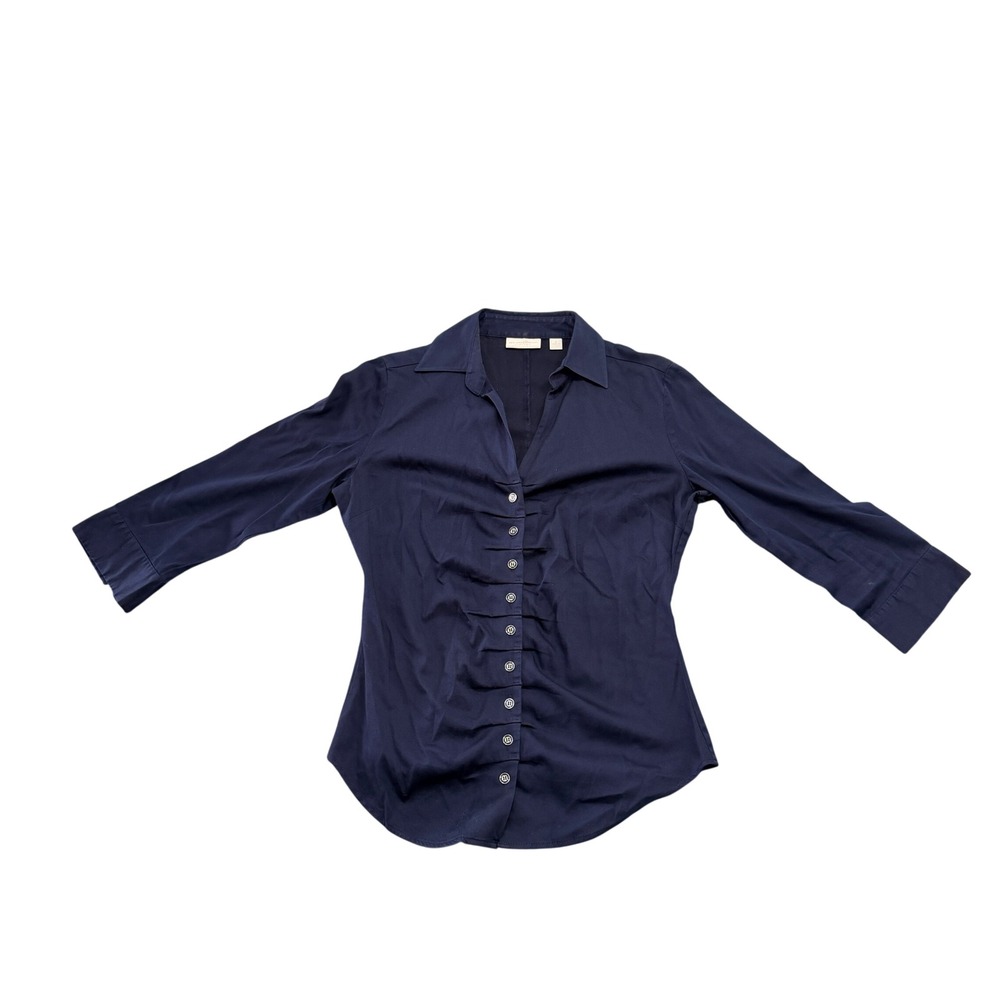 New York & Company Navy Blue Ruched Front Stretch 3/4 Sleeve Blouse Small